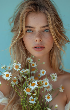 Radiant woman flaunts daisies, sporting natural makeup, exuding timeless beauty and grace effortlesslyの素材