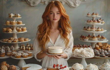 A stunning ginger haired woman in white pajamas stands behind a cake filled table, holding one aloftの素材