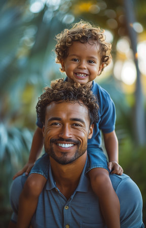 Father joyfully carries son on shoulders, bonding amidst the serene greens of the golf courseの素材