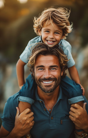 Father joyfully carries son on shoulders, bonding amidst the serene greens of the golf courseの素材
