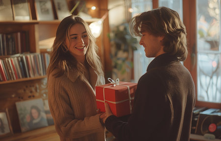 Happy couple at home, one presents a wrapped red gift box to the other on birthdayの素材
