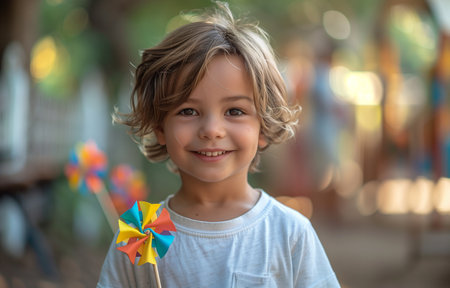 boy in a white tee holds vibrant pinwheels against a backdrop of a bustling playgroundの素材