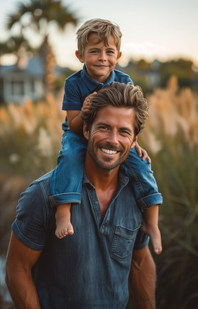 Father joyfully carries son on shoulders, bonding amidst the serene greens of the golf courseの素材