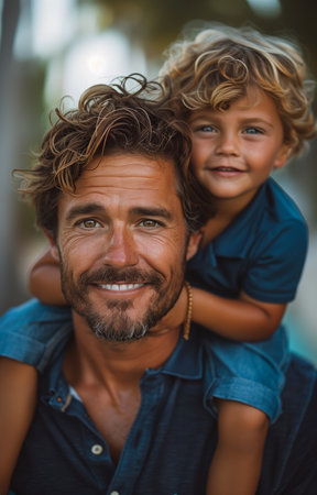 Father joyfully carries son on shoulders, bonding amidst the serene greens of the golf courseの素材
