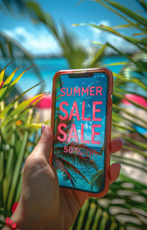 Hand holding a smartphone displaying a SUMMER SALE banner on the screen, highlighting the seasonal discount eventの素材
