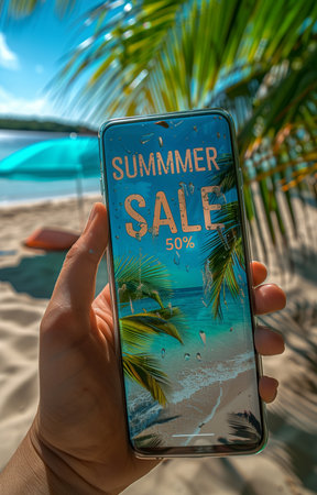 Hand holding a smartphone displaying a SUMMER SALE banner on the screen, highlighting the seasonal discount eventの素材