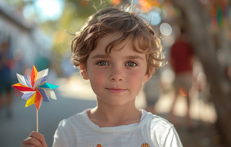 boy in a white tee holds vibrant pinwheels against a backdrop of a bustling playgroundの素材