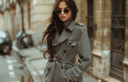 Stylish woman in oversized gray trench coat, wide-leg pants, high heels, sunglasses, strolling confidentlyの素材