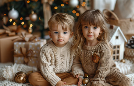 Two kids, a boy and a girl, sit near a white model house amid Christmas decorの素材