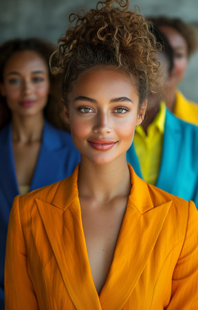 Young professionals in vibrant atmosphere stand against a neutral backdrop, exuding confidence and positivityの素材