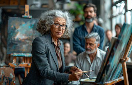 Elderly businesswoman guides gray haired man in painting a canvas, sharing artistic techniques and insightsの素材