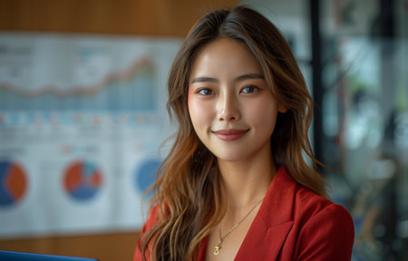 Professional woman illustrates marketing strategy with financial data on office whiteboard, showcasing business plan conceptの素材