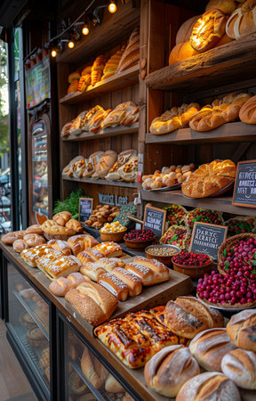 Bakery showcasing an array of fresh breads with prominent signageの素材