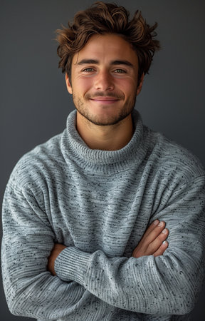 Confident young man in gray sweater, arms crossed, exuding charisma and charm with smileの素材