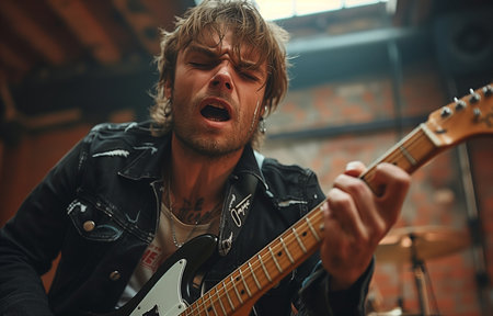 European man skillfully plays an electric guitar, radiating confidence and musical talentの素材