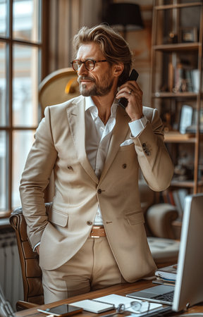 Stylish businessman in beige suit, smiling, conversing on phone beside his desk, radiating confidenceの素材