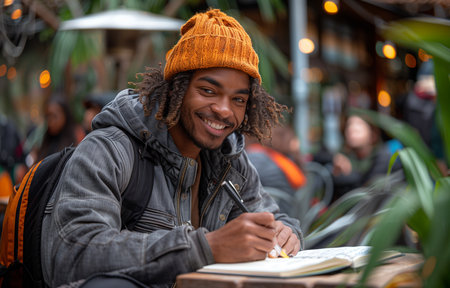 cheerful man sits outdoors, casually dressed, happily writing and reading notes in his notebookの素材