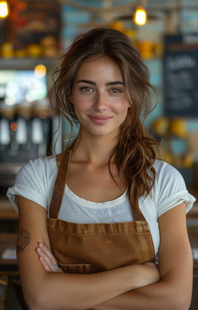 Young female cafe owner smiles confidently, arms crossed, in front of stylish American coffee shop interior, wearing apronの素材