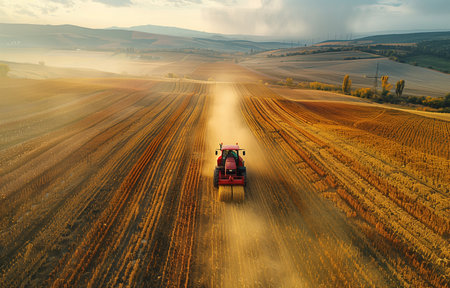 Above view captures agricultural machinery in fields, demonstrating planting techniques through aerial footageの素材
