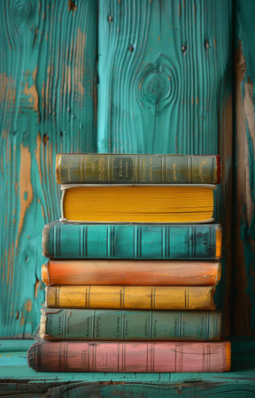 Colorful books rest on a green wooden table against a minimalist background, creating a vibrant sceneの素材