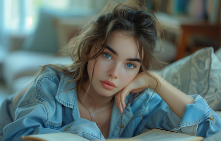 Stylish woman relaxes on sofa, engrossed in book, exuding beauty and tranquility effortlesslyの素材