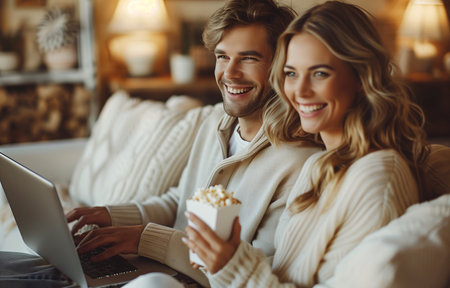 Happy young couple enjoying popcorn on a white sofa, watching a movie together on a laptopの素材