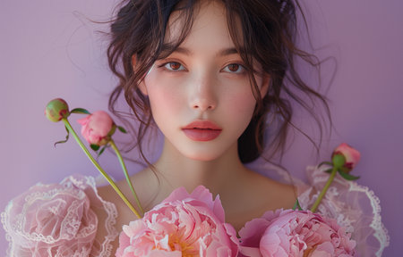 Radiant Asian woman, flawless makeup, pink lips, holding peonies, against purple backdrop, exudes eleganceの素材