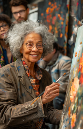 Elderly businesswoman guides gray haired man in painting a canvas, sharing artistic techniques and insightsの素材