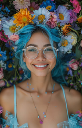 Smiling woman adorned in vibrant floral wreath with blue hair and chic glassesの素材