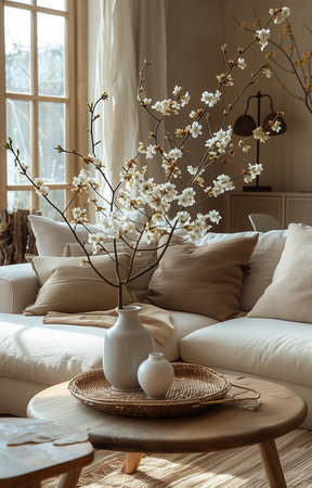 Inviting living space adorned with plush sofa, coffee table, and fresh blooms in a vaseの素材