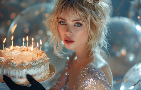 Blonde woman on the moon holding a birthday cake with candles, wearing a silver dress and black glovesの素材