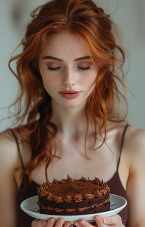 Red haired woman with wavy hair and pouty lips looking down at chocolate cake on plate in handsの素材