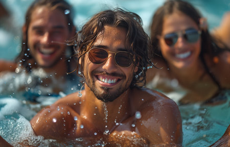 Friends gleefully splashing, laughter echoing, poolside fun under the radiant beach sunの素材
