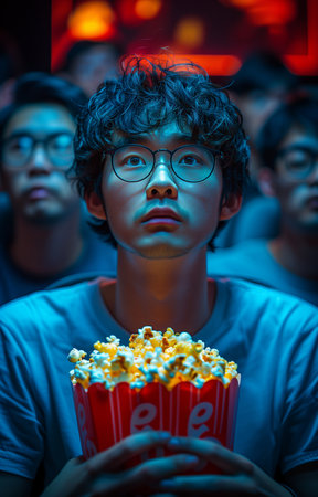 People enjoying a movie in a theater, sitting in comfortable seats with popcorn, focused on the screenの素材