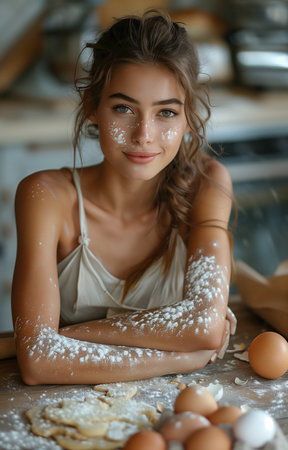 A young woman, arms crossed, leans on a kitchen table, face dusted with flour after baking cookiesの素材