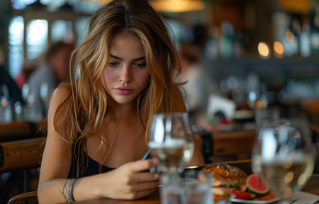 sad woman sits in a restaurant, holding her phone and looking at it during lunchの素材