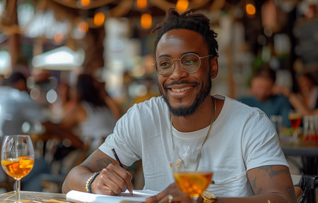 cheerful man sits outdoors, casually dressed, happily writing and reading notes in his notebookの素材