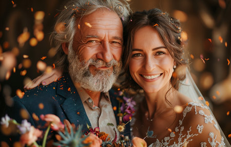 Senior couple joyfully reaffirming their vows, celebrating their enduring love on their wedding anniversaryの素材