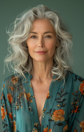 Joyful senior lady poses against soft green backdrop in charming portrait capturing contentmentの素材