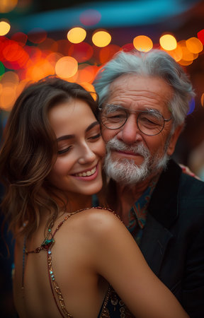 Joyful party scene. A woman and an elderly man dance exuberantly, celebrating life togetherの素材