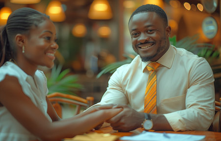 Happy African American businessman shaking hands with his female coworker, symbolizing successful teamwork and collaborationの素材