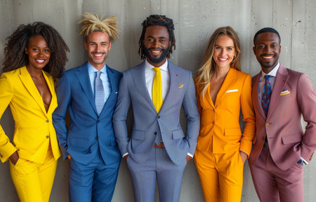 Young professionals in vibrant atmosphere stand against a neutral backdrop, exuding confidence and positivityの素材