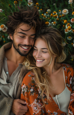 Happy young couple lying on the ground holding hands, laughing, looking at each other lovingly, top viewの素材