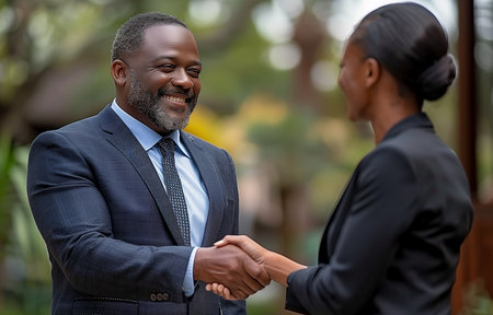 Happy African American businessman shaking hands with his female coworker, symbolizing successful teamwork and collaborationの素材