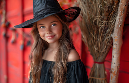 Happy young girl in a witch costume holding a broom, posing against a bright red backgroundの素材