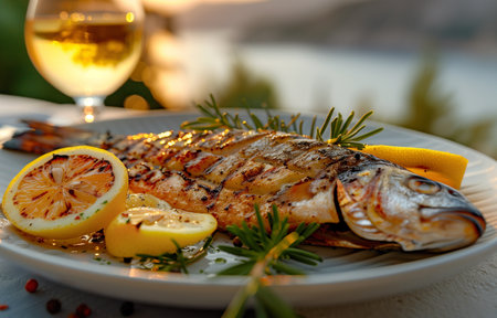 Grilled fish with lemon and wine on a table against a sea view, depicting a summer vacationの素材