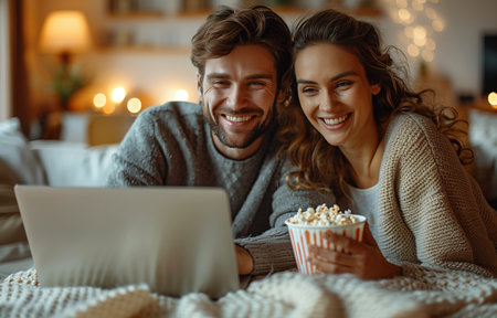 Happy young couple enjoying popcorn on a white sofa, watching a movie together on a laptopの素材
