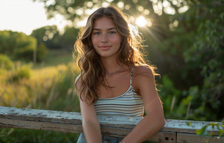 Young woman in jean shorts and striped shirt leans on fence in park, smiling on a summer dayの素材