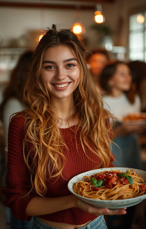Friends enjoying a pasta meal together at home, celebrating and sharing the joy of a family dinnerの素材