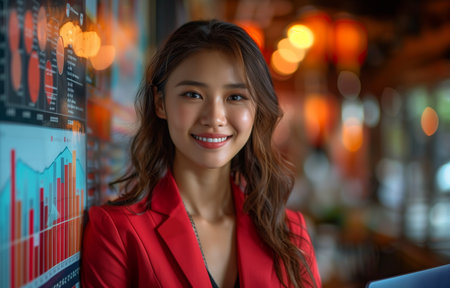 Professional woman illustrates marketing strategy with financial data on office whiteboard, showcasing business plan conceptの素材